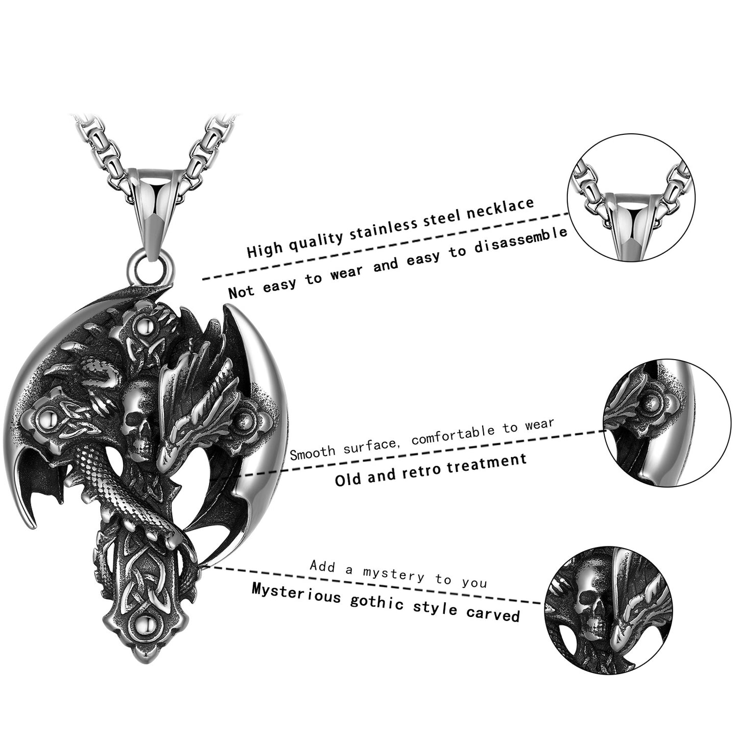 Steel Necklace - Vintage Cross Skull Dragon Pendant