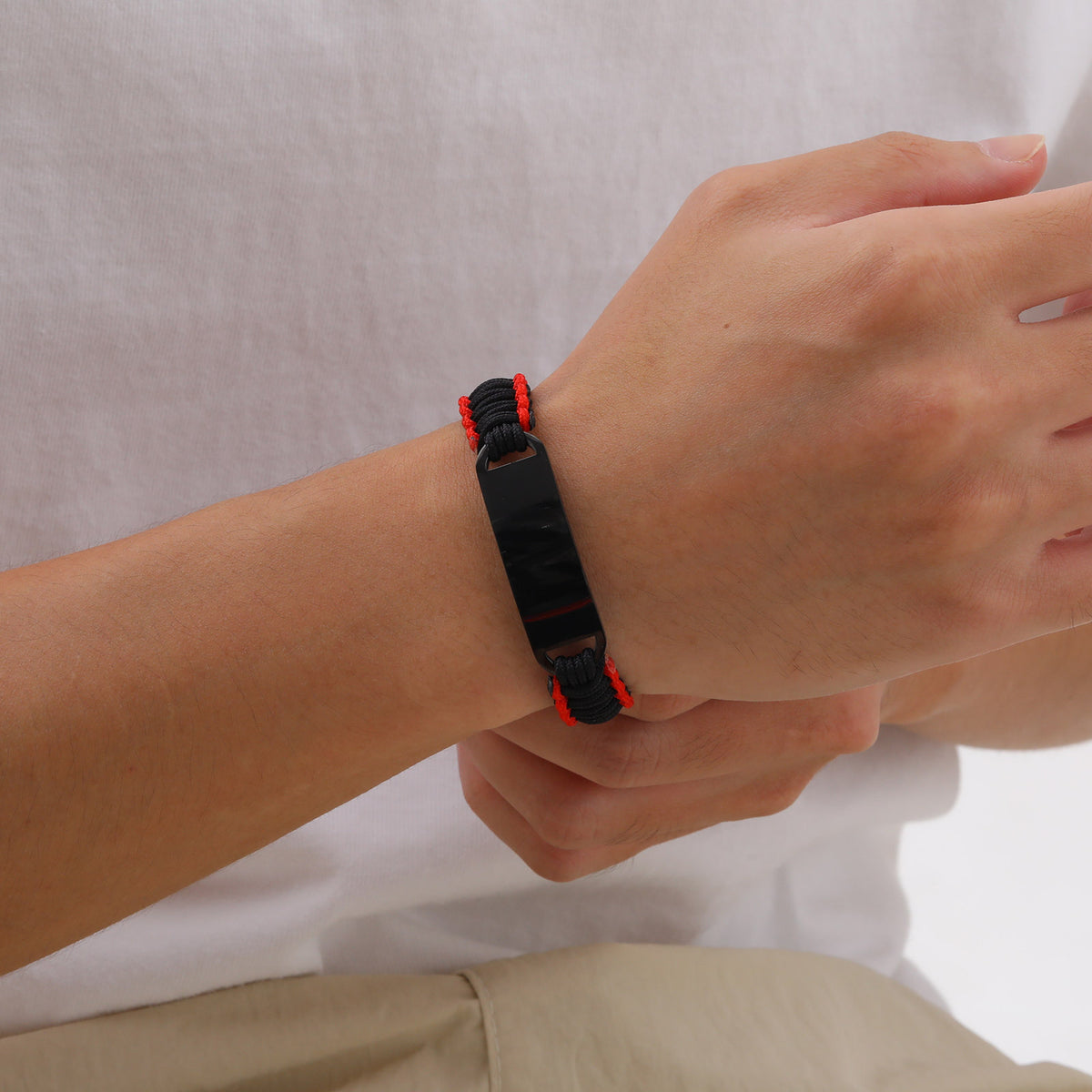 Men's Stainless Steel Curved Red & Black Nylon Rope Woven Adjustable Hand Rope Bracelet