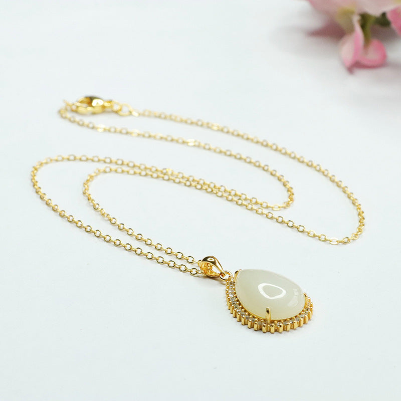 Sterling Silver Necklace with Natural Hotan Jade Water Drop Pendant