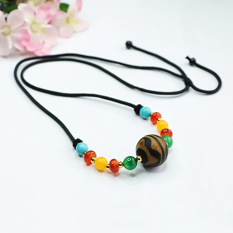 Tiger-Tooth Dzi Agate Bead Cord Pendant