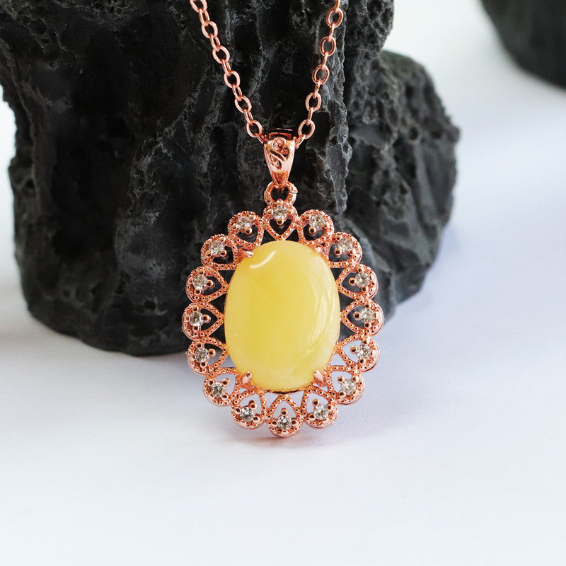 Golden Halcyon Beeswax Amber Pendant Halo Necklace