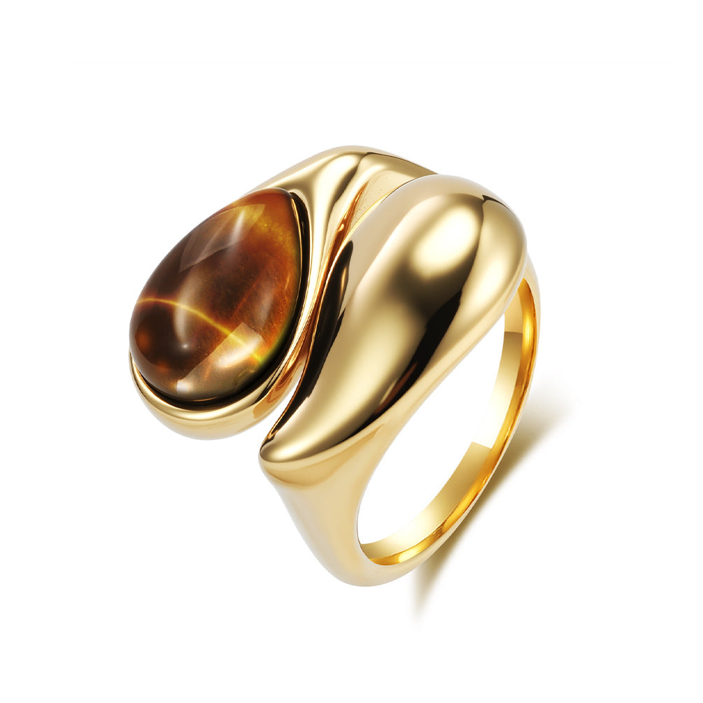 Imitation Pearl Ring For Women By Planderful Water Drop Design With Tiger Eye Stone Titanium Steel Gold Plated Jewelry