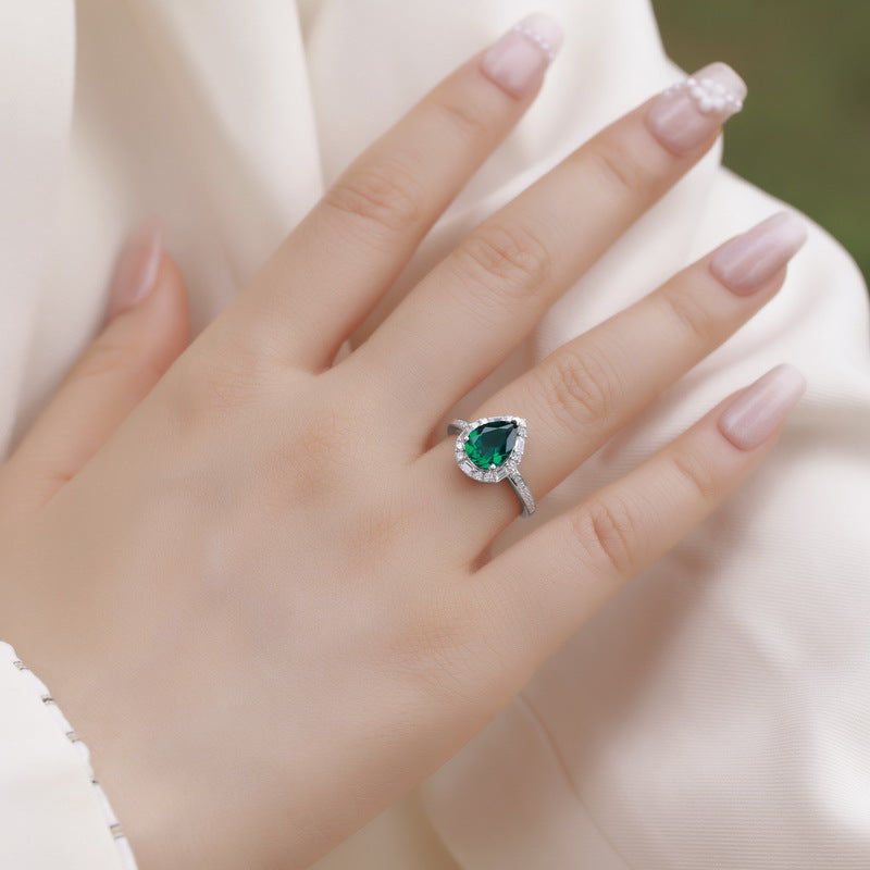 Planderful Jewelry Lab Grown Emerald Ring In Sterling Silver Pear Shape Halo Opening Adjustable