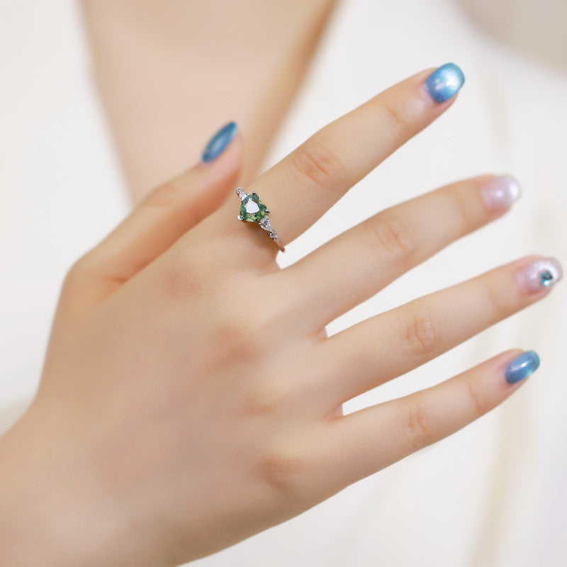 Planderful Jewelry Green Moss Agate Heart Ring in Sterling Silver S925 for Everyday Elegance
