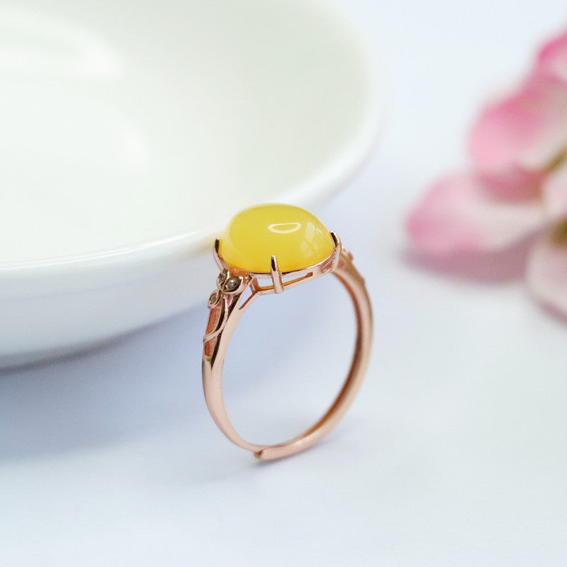Sterling Silver Leaf Hollow Ring with Beeswax Amber Zircon