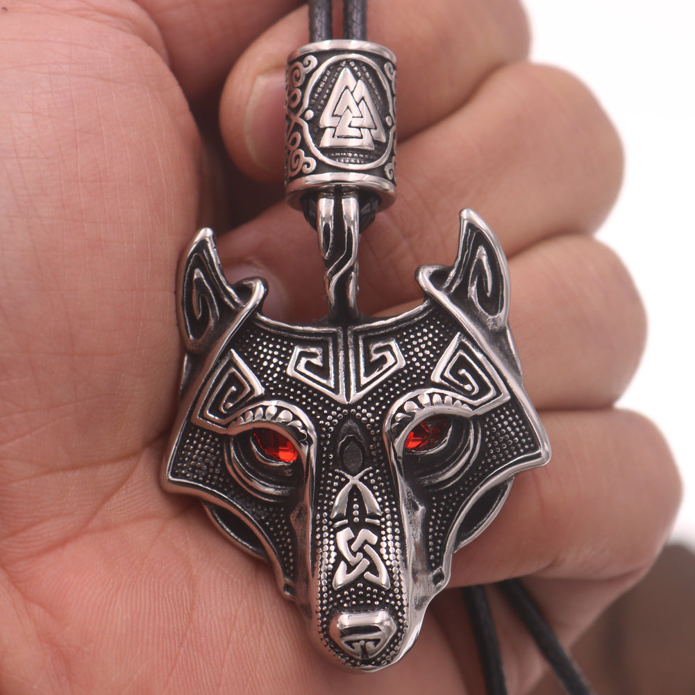 Foreign Trade Viking Wolf Titanium Red-Eye Pendant Necklace with Celtic Knot Triangle Beads