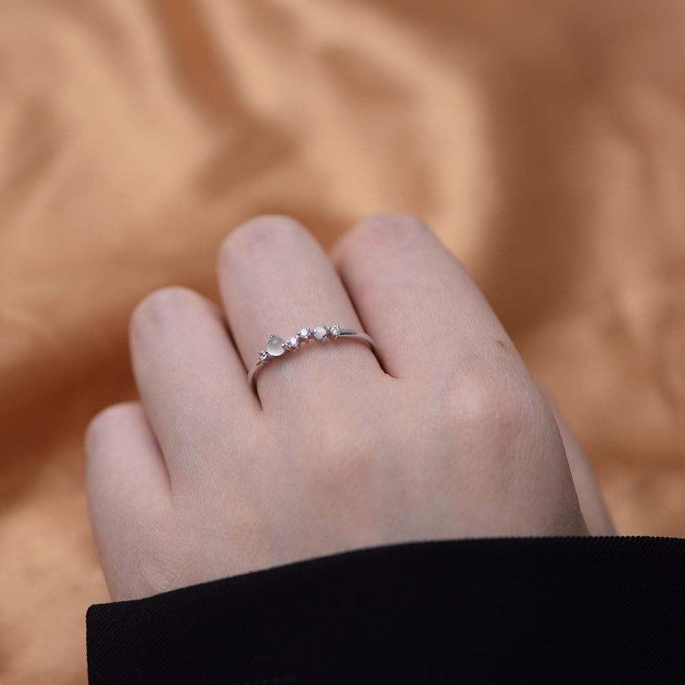 Row of Opal Moonstone and Zircon Slim Sterling Silver Ring