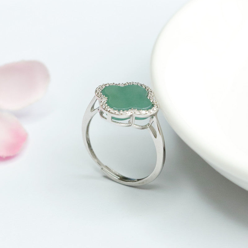 Natural Ice Blue Green Jade Sterling Silver Clover Ring