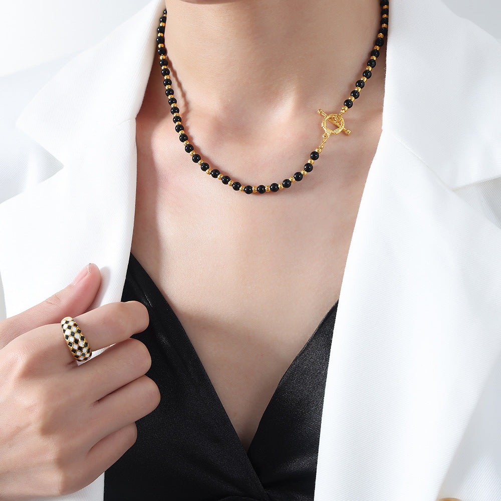 Luxurious Handcrafted Black Agate Beaded Necklace with Titanium Steel Ball Accents