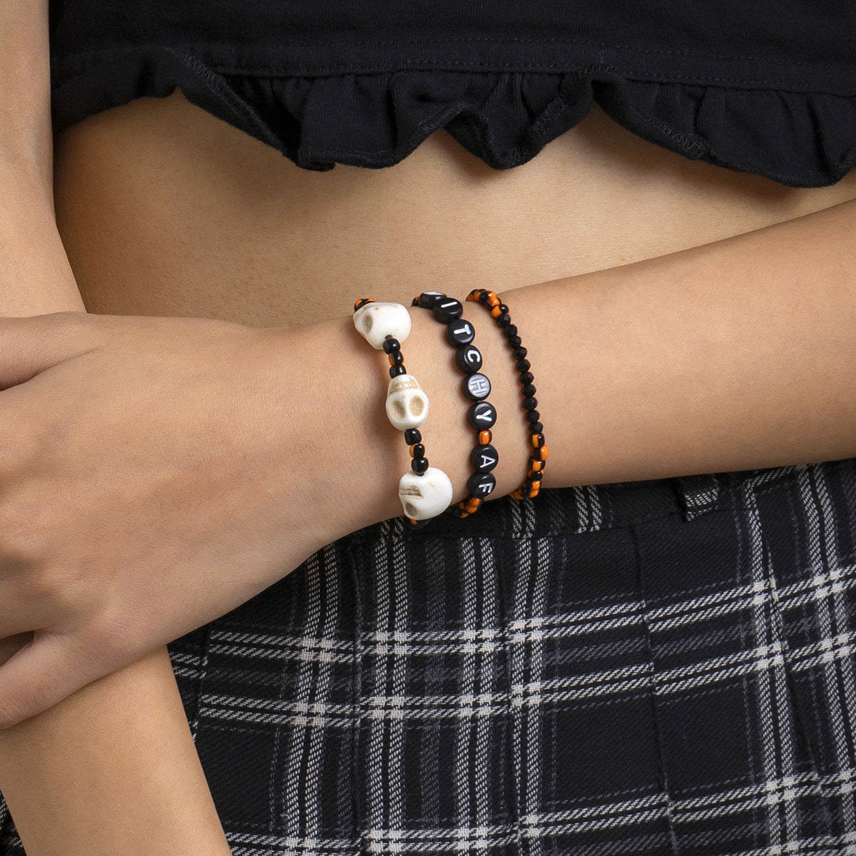 Planderful Vienna Verve Beaded Elastic Bracelet Set For Women Retro Skull Letter Witch Jewelry Statement