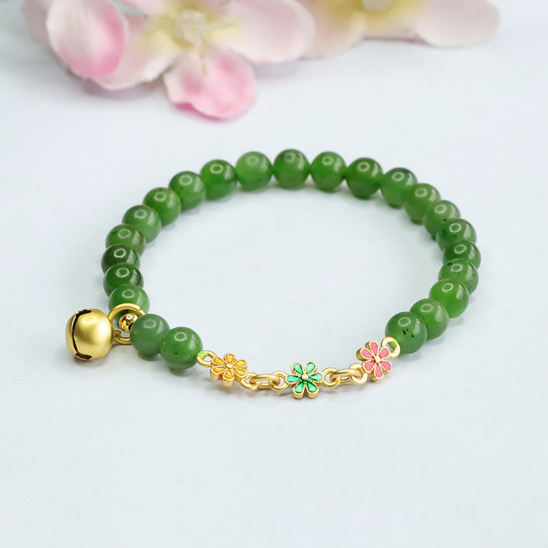 Small Flower Bell Bracelet with Natural Hotan Jade Jasper - Antique Sterling Silver Jewelry