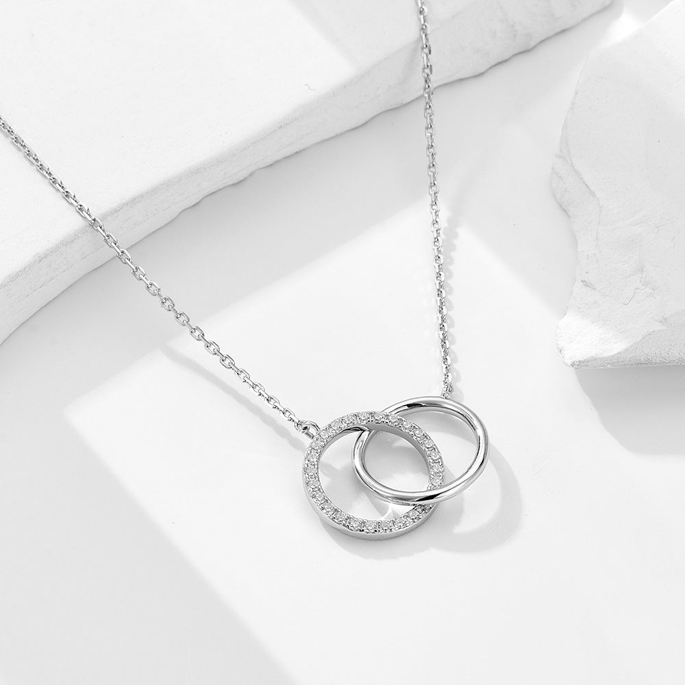 S925 Sterling Silver Personality Inlaid Zircon Circle Double Ring Interlocking Necklace