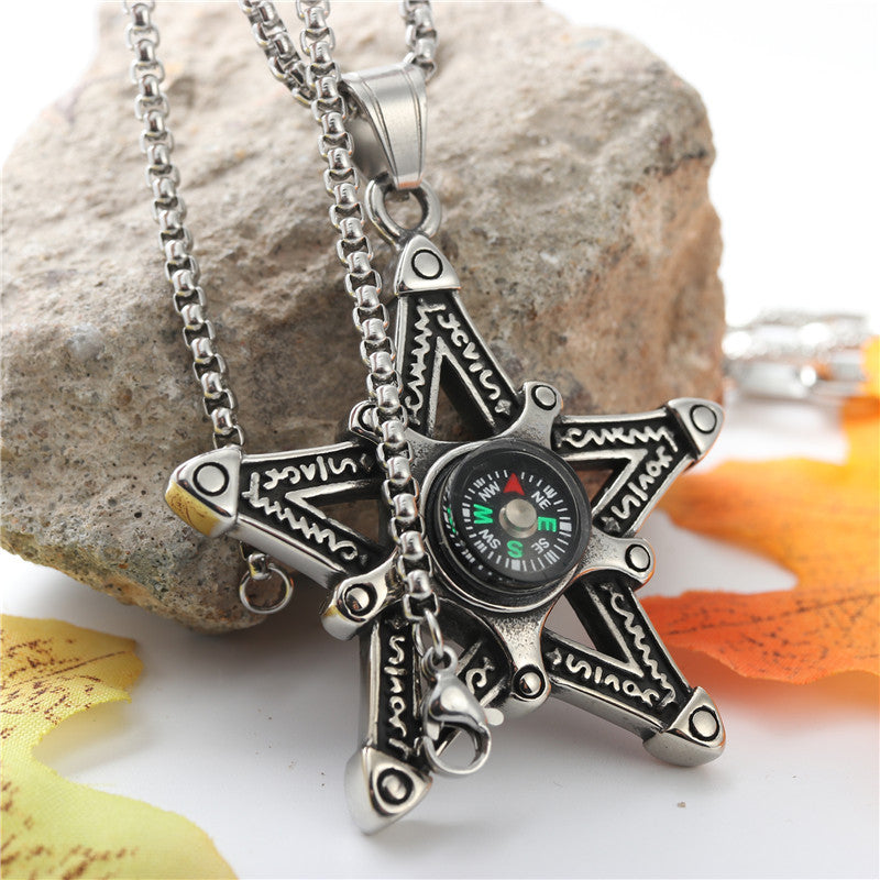 Stylish Titanium Steel Hollow Star Pendant Necklace for Men with Retro Compass Design