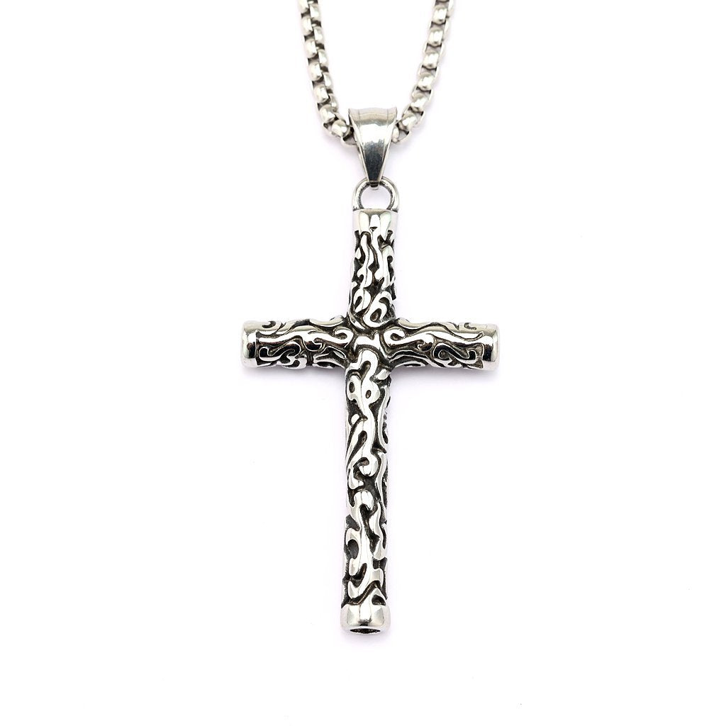 Planderful Retro Cross Pendant Unisex Double Sided Engraved Stainless Steel Necklace