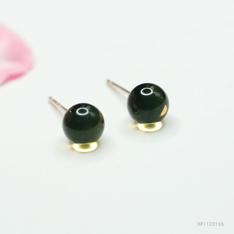 Blue Amber Bead 925 Silver Stud Earrings