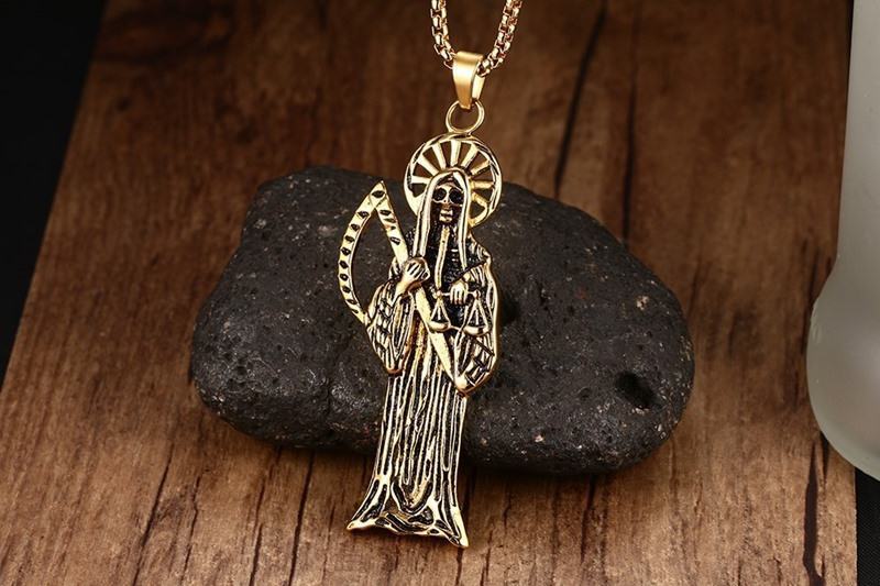 Skull Sickle Reaper Pendant Electroplated Gold Necklace