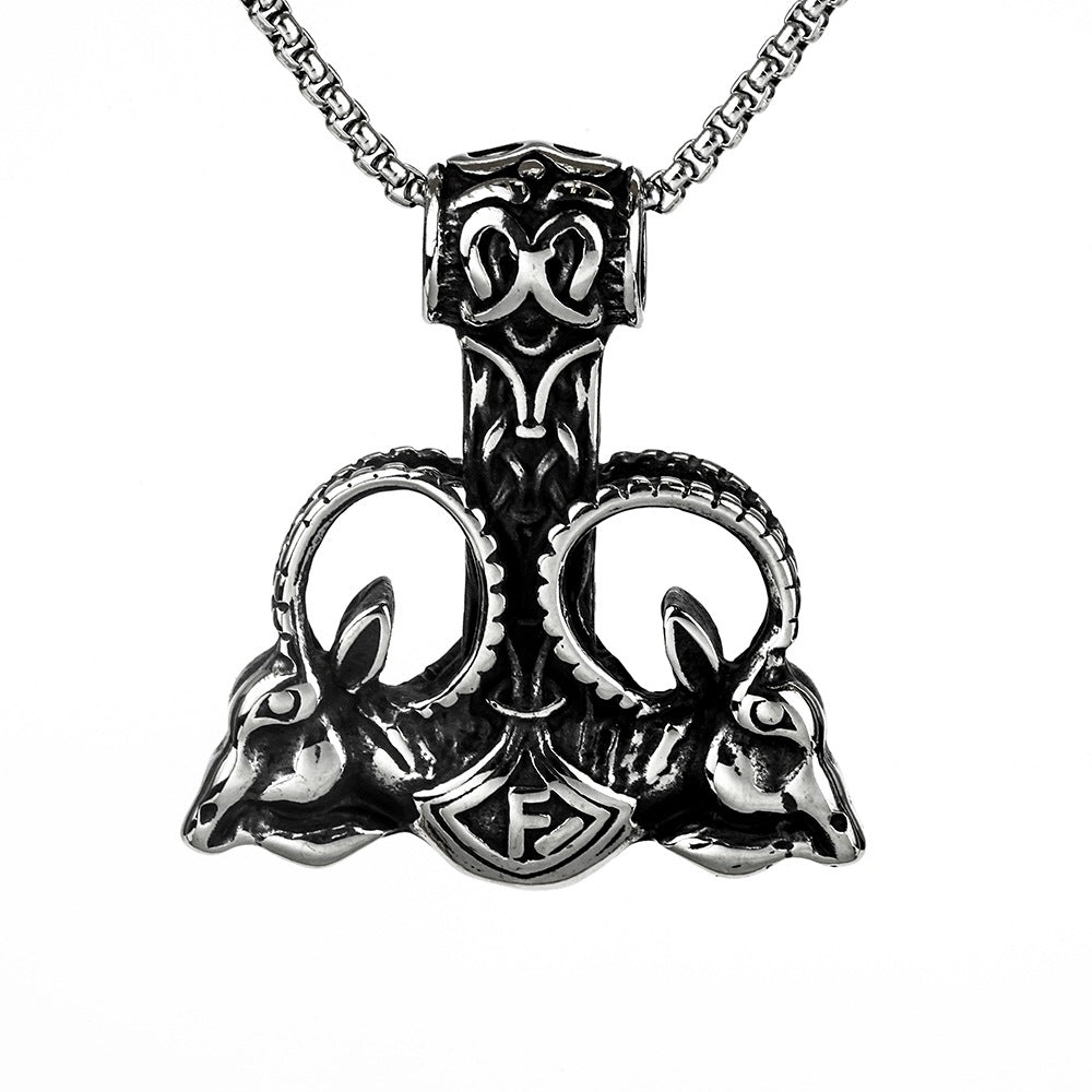 European And American Jewelry Wholesale Titanium Steel Men's Pendant Necklace Retro Viking Sheep Head Thor's Hammer