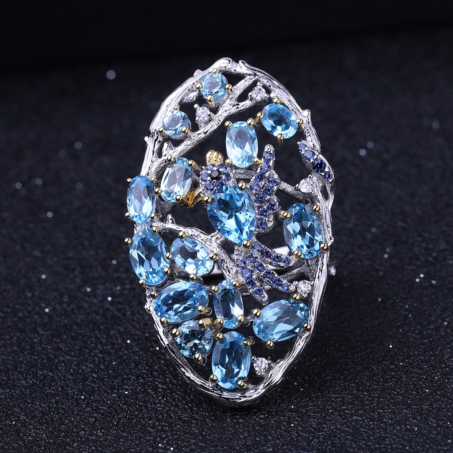 Bird In Jungle Natural Blue Topaz Oval Silver Ring