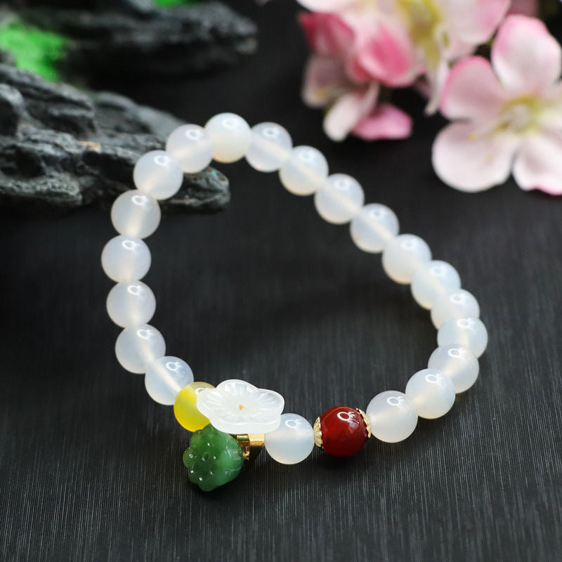 Lucky Lotus Seedpod Bracelet With Natural White Chalcedony and Green Aventurine Jade