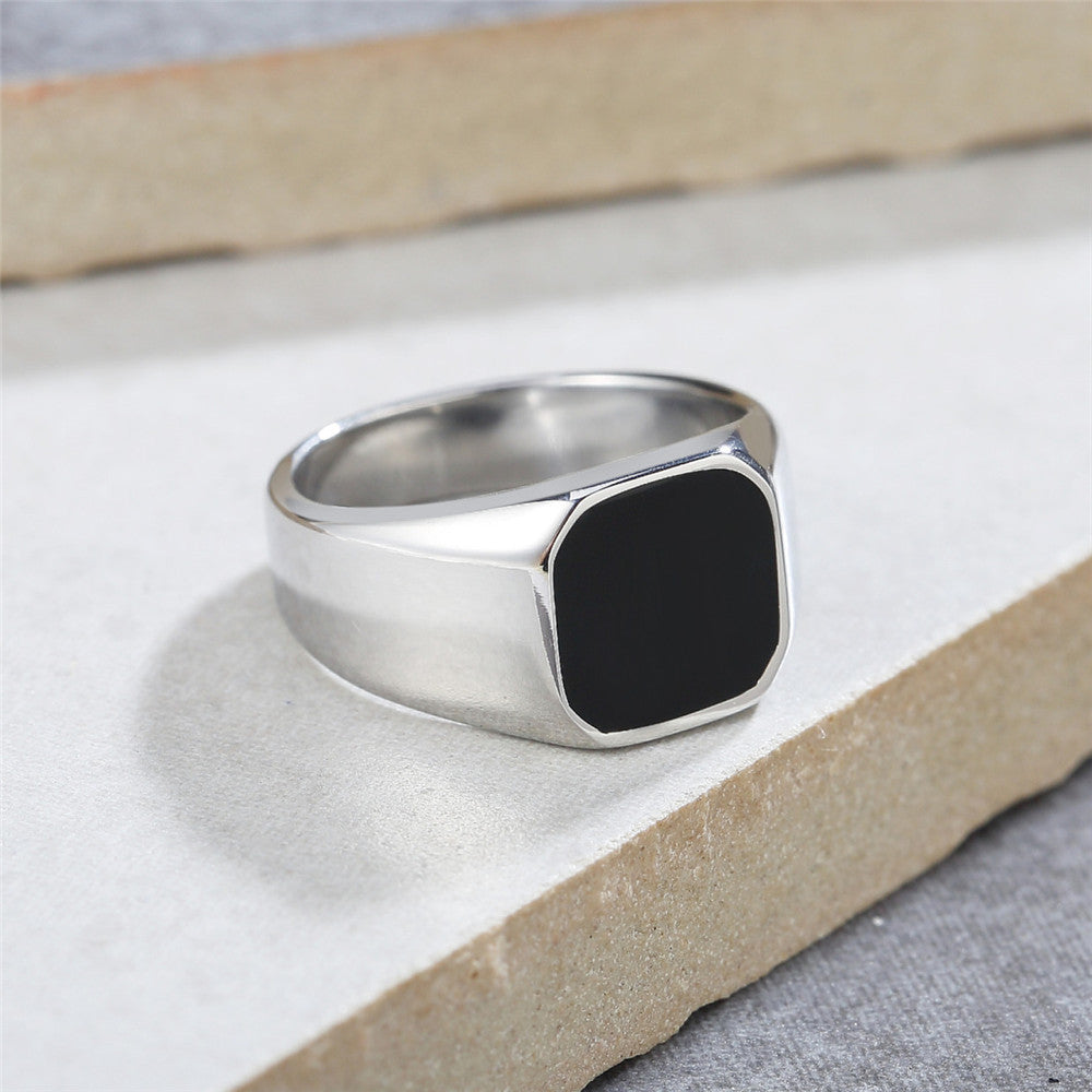 Fashionable Men's Titanium Steel Ring with Simple Drip Glue Square Design