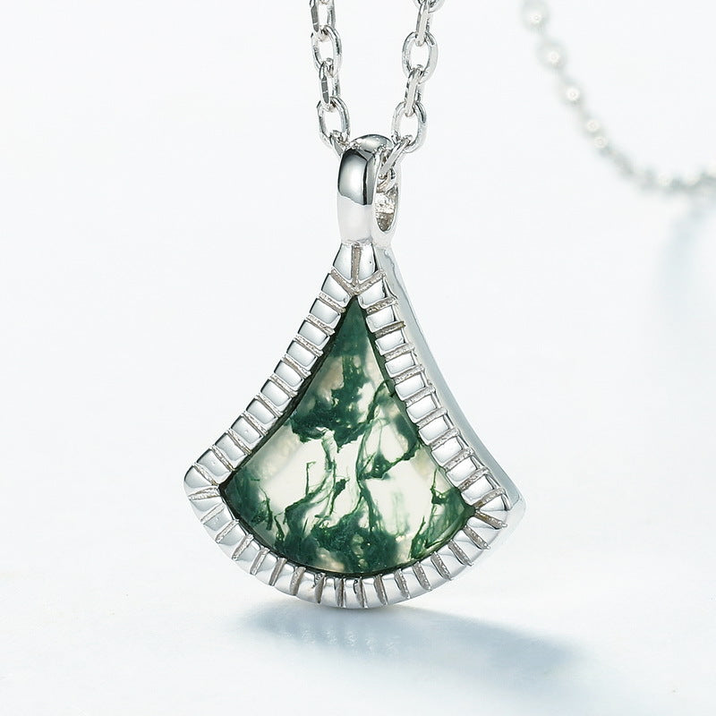 S925 Sterling Silver Moss Agate Ginkgo Leaf Pendant Necklace