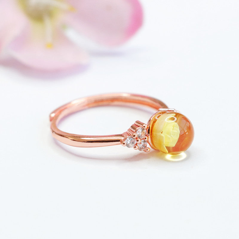 Rose Zircon and Amber Sterling Silver Ring - Adjustable Diameter