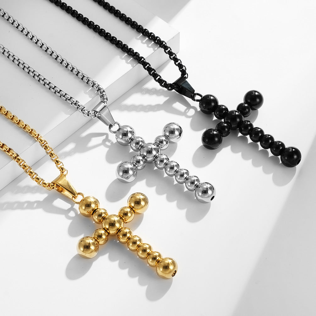 Planderful Titanium Steel Beaded Cross Necklace Unisex Trendy Cold Style Jewelry