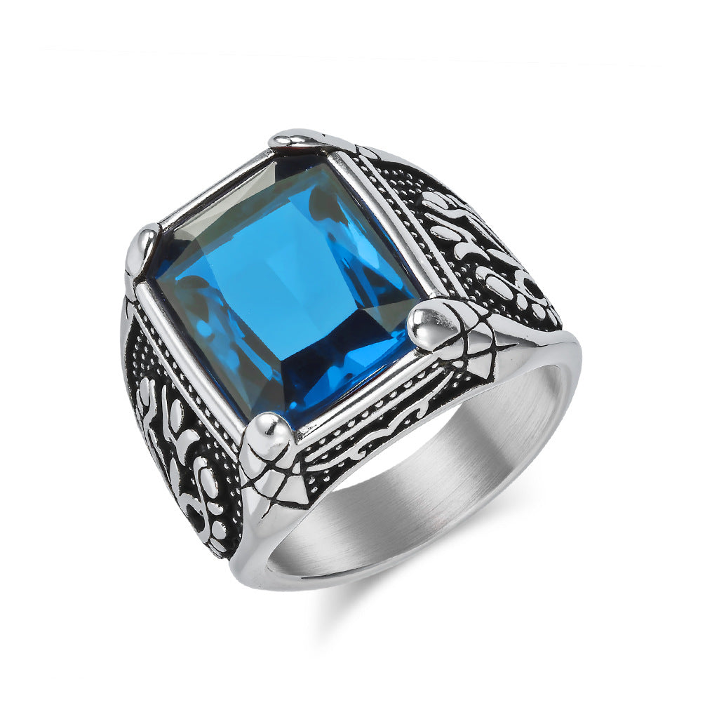 Planderful Everyday Genie Mens Stainless Steel Ring Bold Retro Tulip Inlaid Glass Gem For Men