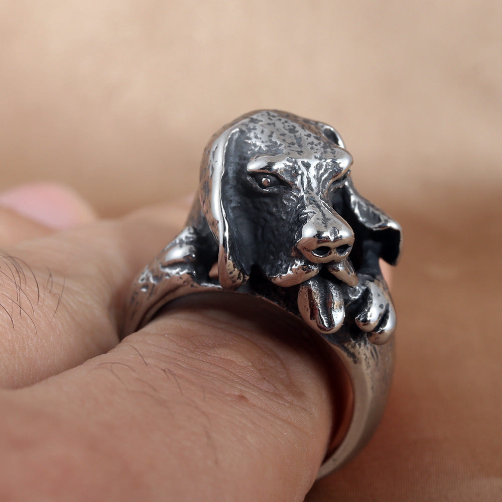 Personalized Retro Titanium Steel Dog Ring for Men - Trendy Animal Accessory in Sizes 7-13