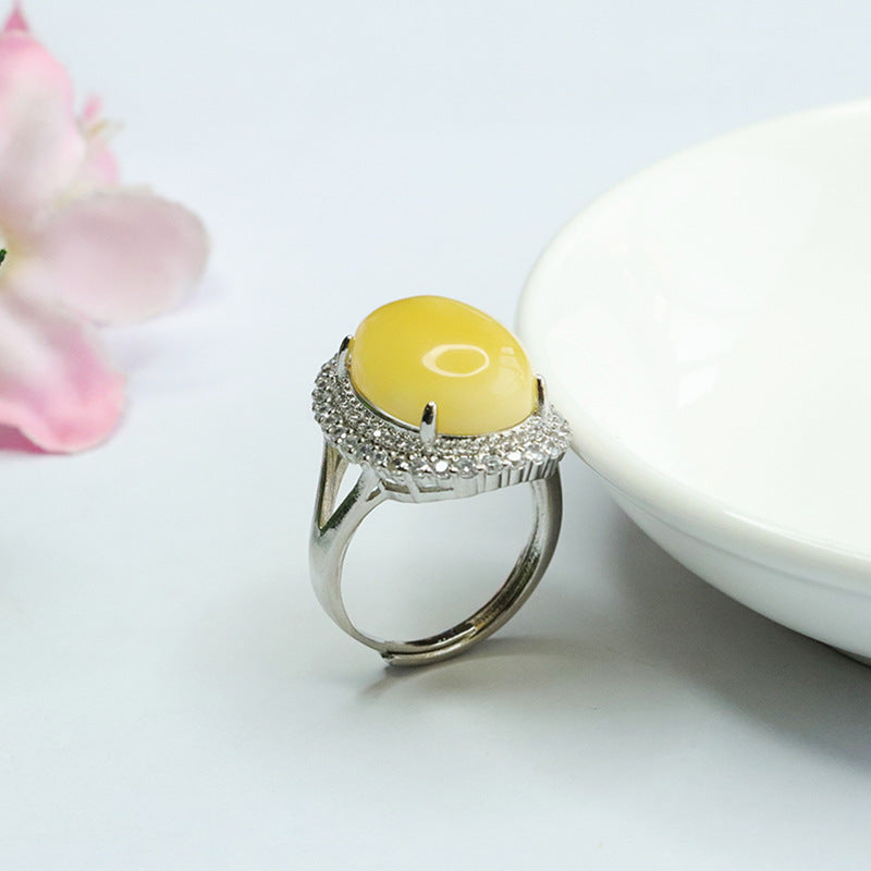 Golden Zircon Honey Wax Ring with Pigeon Egg Amber Halo