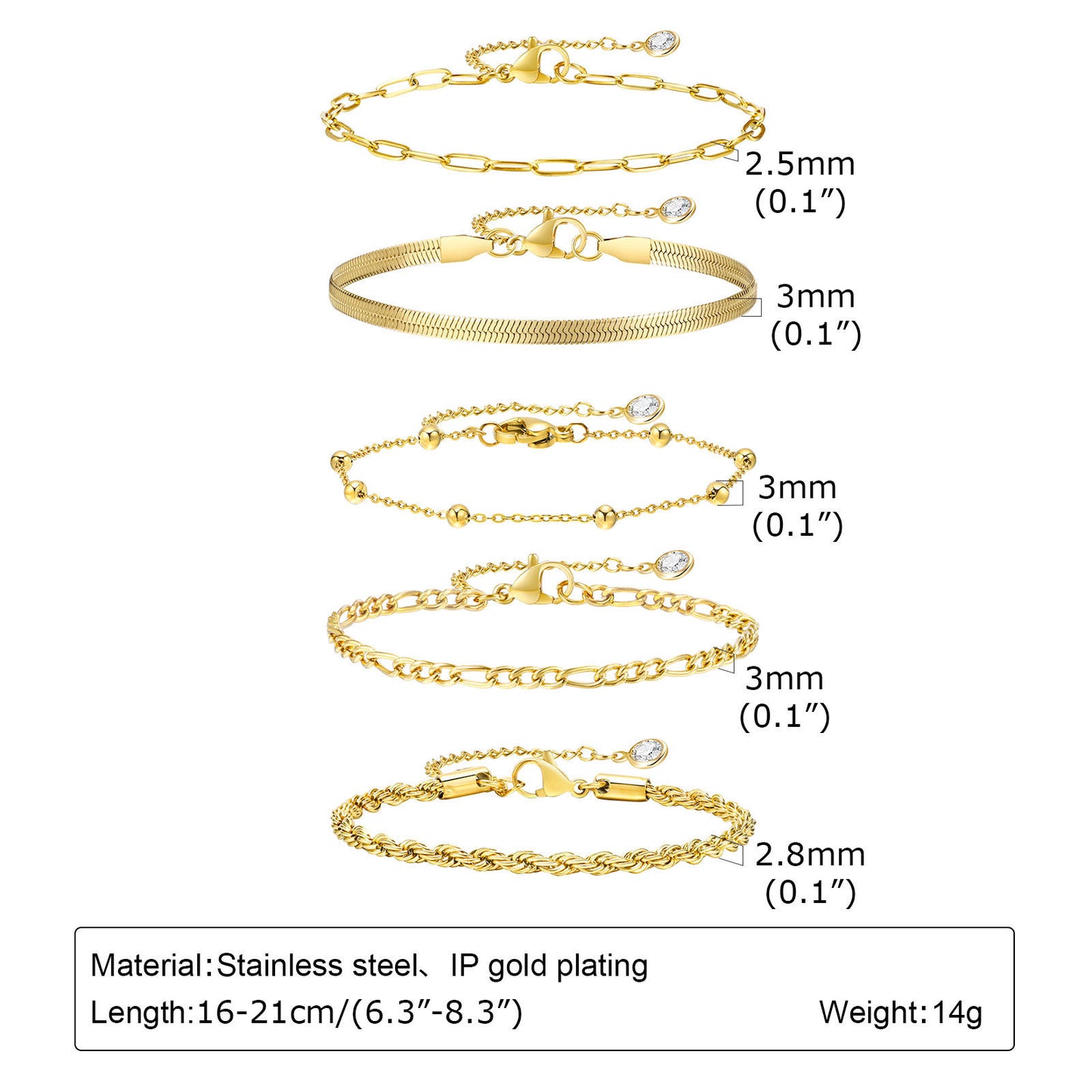 Set Chain Stainless Steel Bracelet Women's Gold Stacked Jewelry