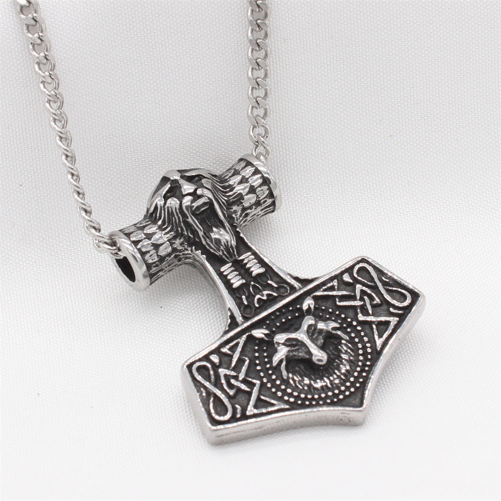 Celtic-Inspired Titanium Steel Wolf Head Pendant with Thor Hammer Design for Men