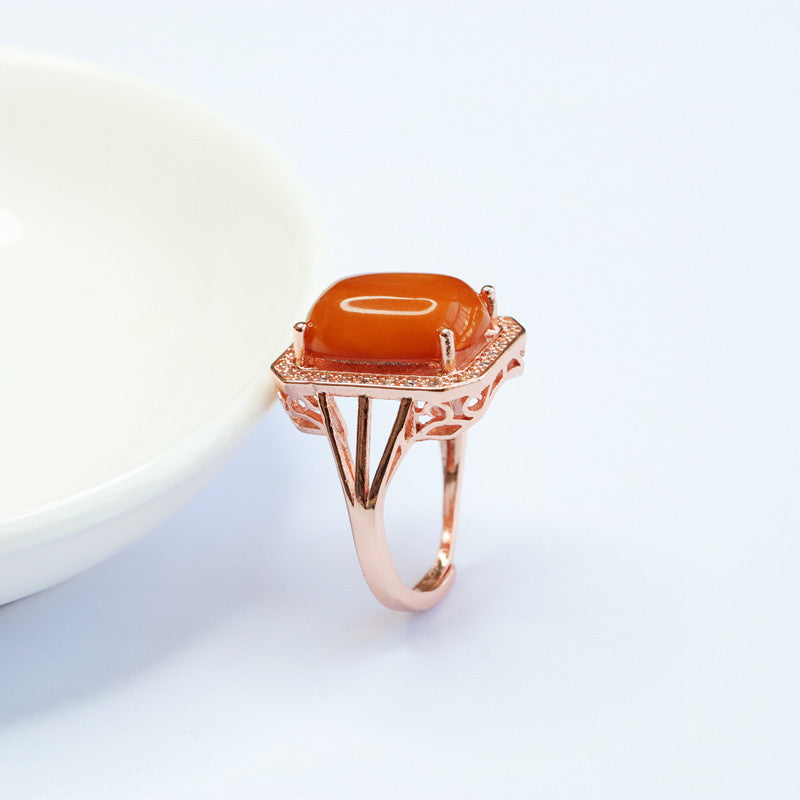 Natural Oval Russian Amber Zircon Halo Ring with Sterling Silver Needle