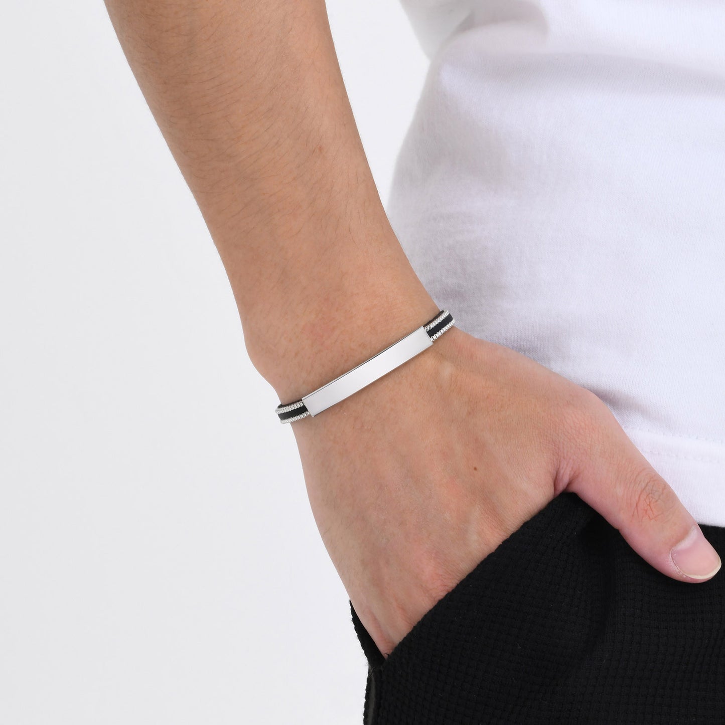 Stainless Steel Curved Box Chain PU Leather Bracelet Men's Accessories for Men