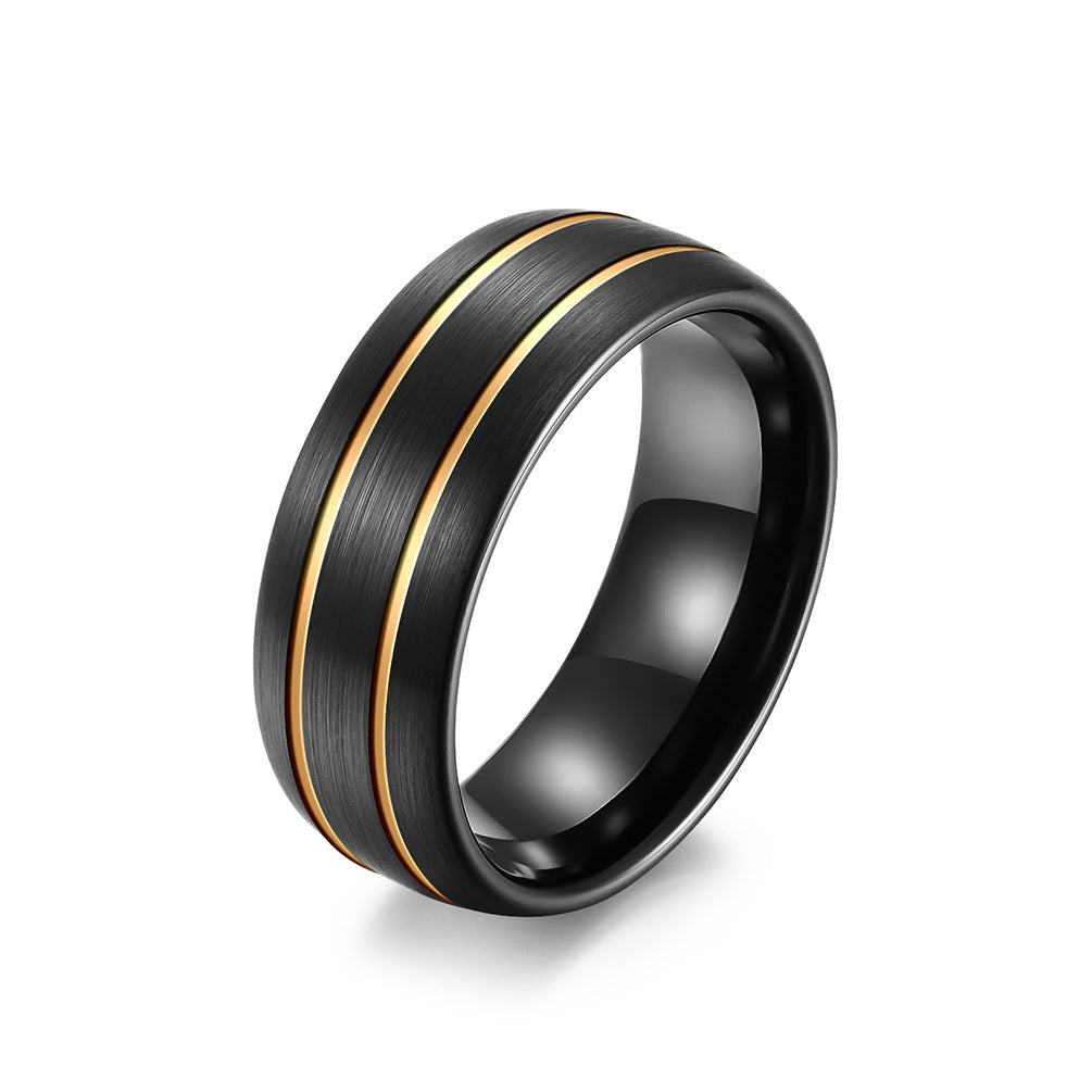 Planderful 8MM Tungsten Steel Ring Men's Black Gold Design