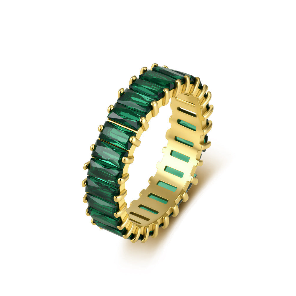 Stainless Steel Claws Rectangular Zircon Full Zircon Ring Women's Gold-Plated