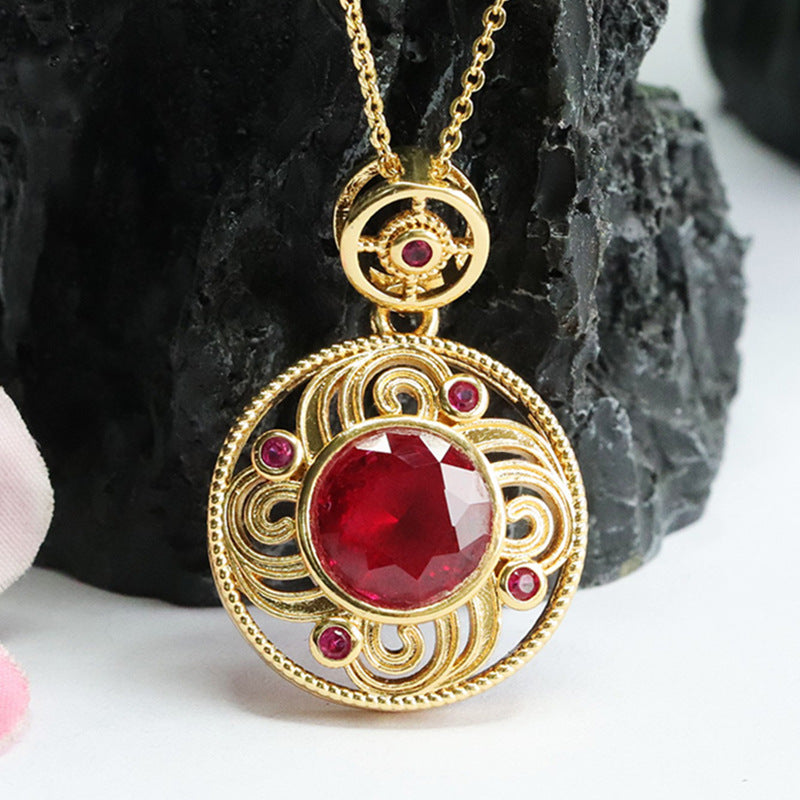 Lab-Grown Ruby Patterned Round Pendant — No Chain
