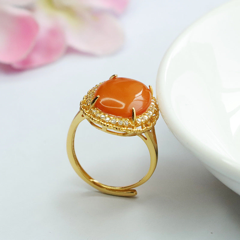 Oval Sterling Silver Ring with Beeswax Amber Zircon Floral Halo