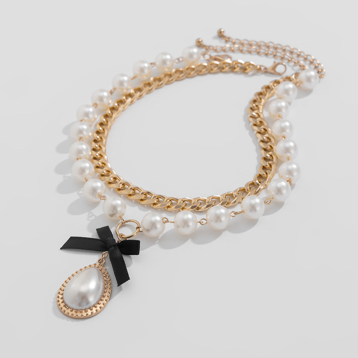 Pearl Bead Bow & Teardrop Layered Necklace