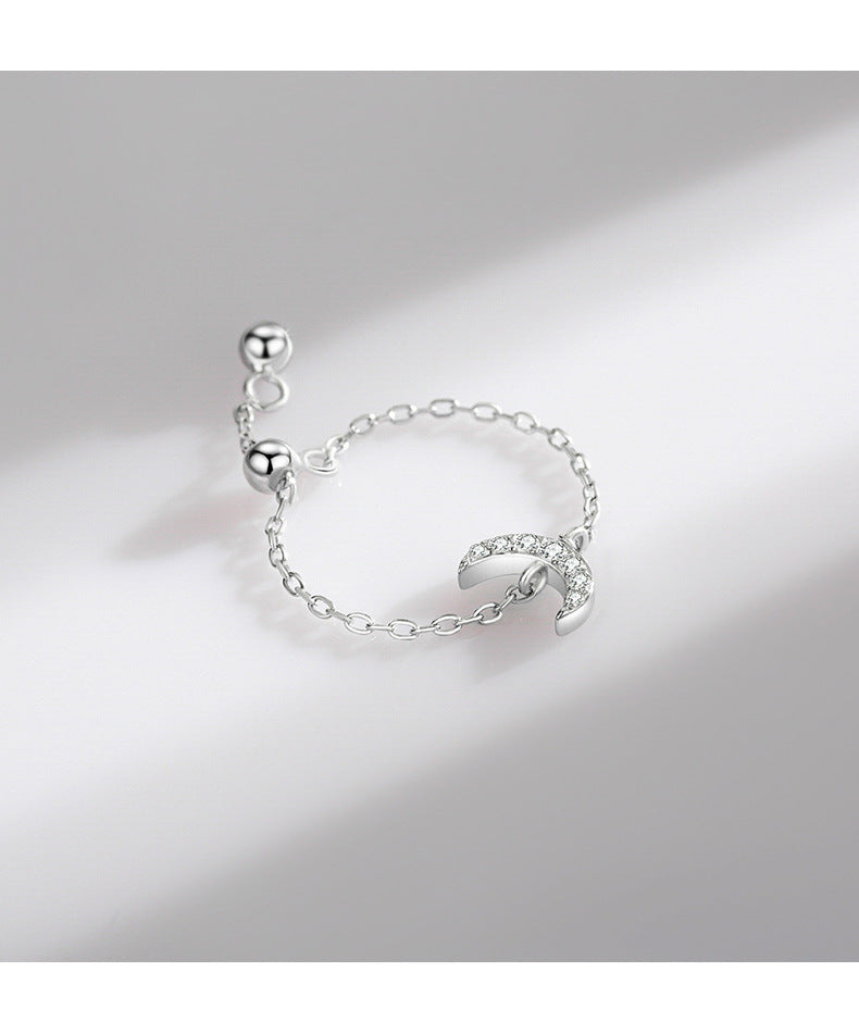 Sterling Silver Adjustable Moon Ring with Zircon Detail