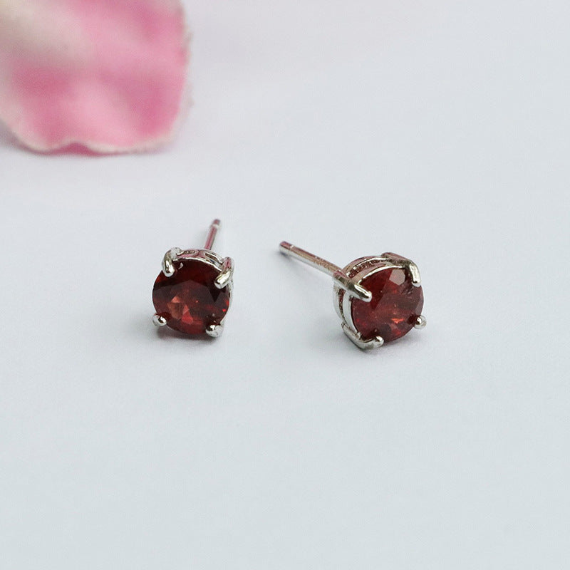 Burgundy Garnet Four-Prong 925 Silver Stud Earrings