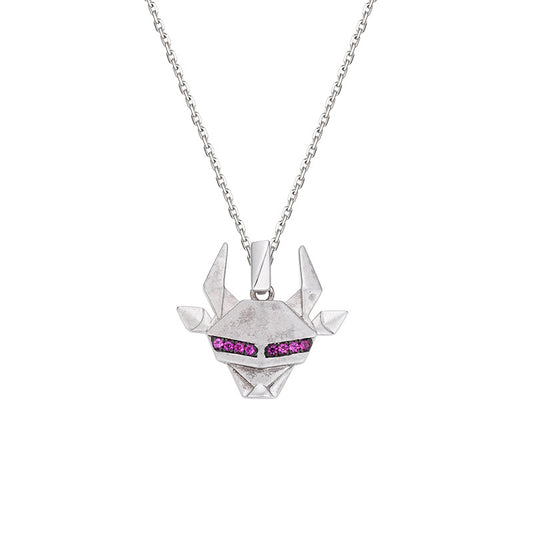 Mechanical Cow Head Pink Zircon Silver Necklace