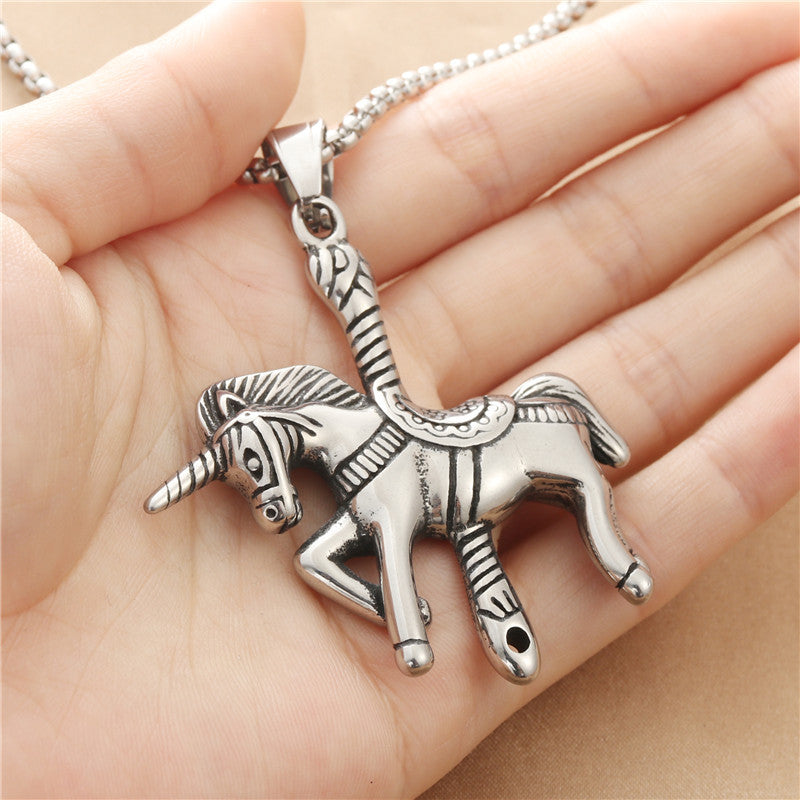Personalized Titanium Steel Unicorn Carousel Pendant Necklace for Men - Retro Punk Trendy Design