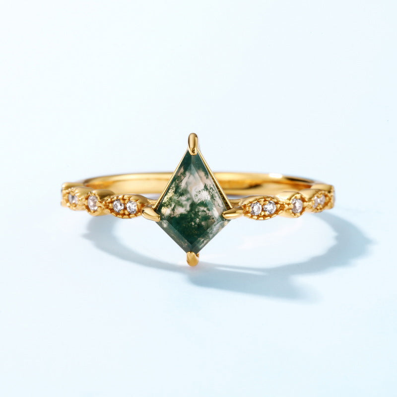 S925 Sterling Silver Gold-Plated Moss Agate Geometric Ring