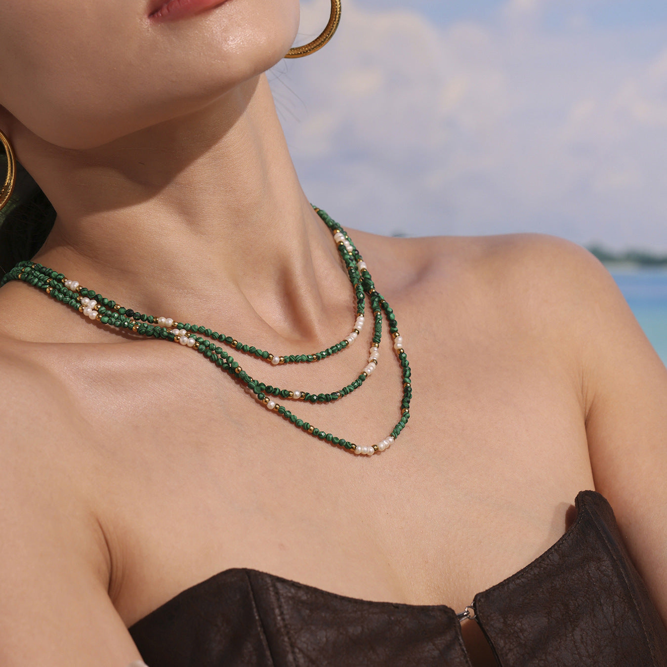 Planderful Clavicle Necklace Beaded Malachite Pearl Girls