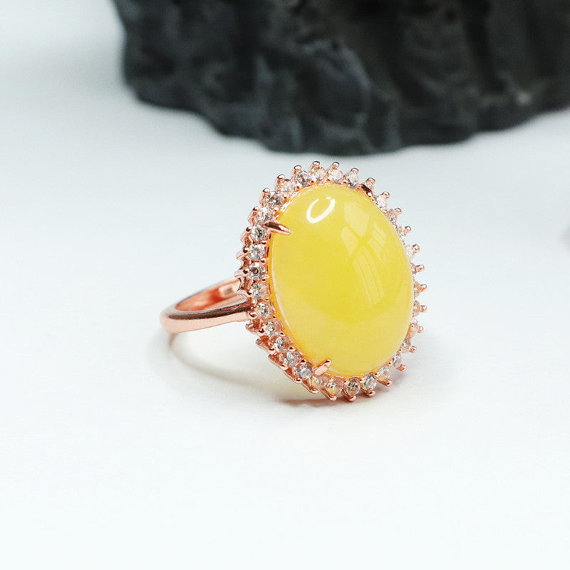 Sterling Silver Adjustable Halo Ring with Amber Gem and Zircon Detail