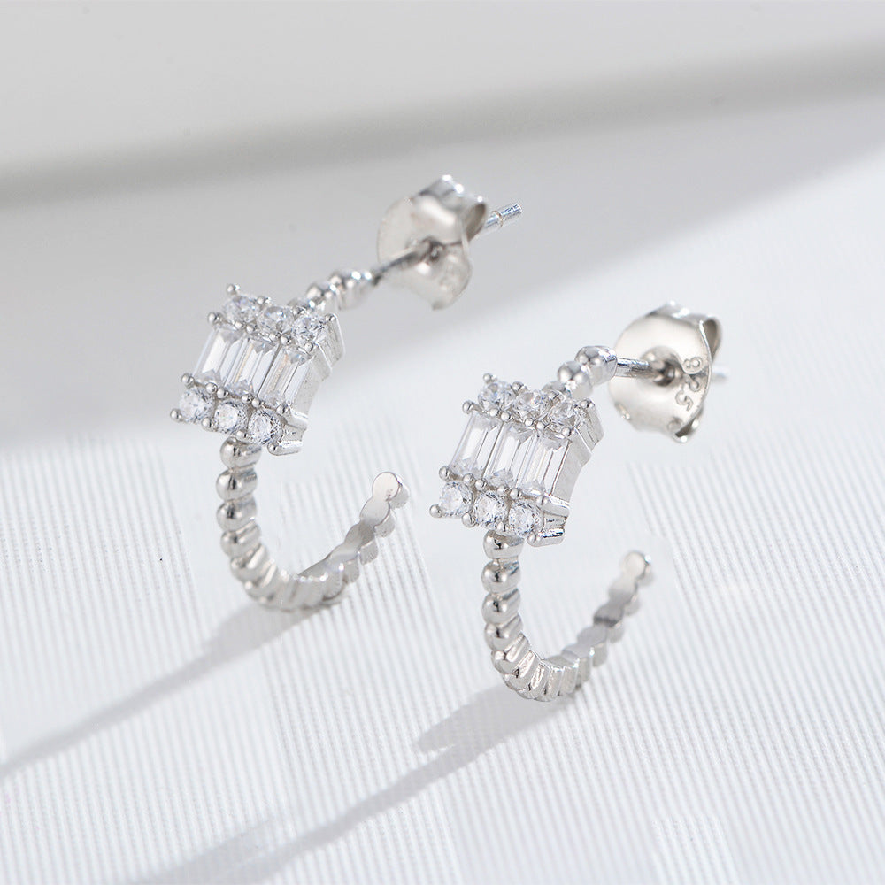 925 Sterling Silver Trend Retro Square Flash Zircon Stud Earrings Popular Zircon Earrings