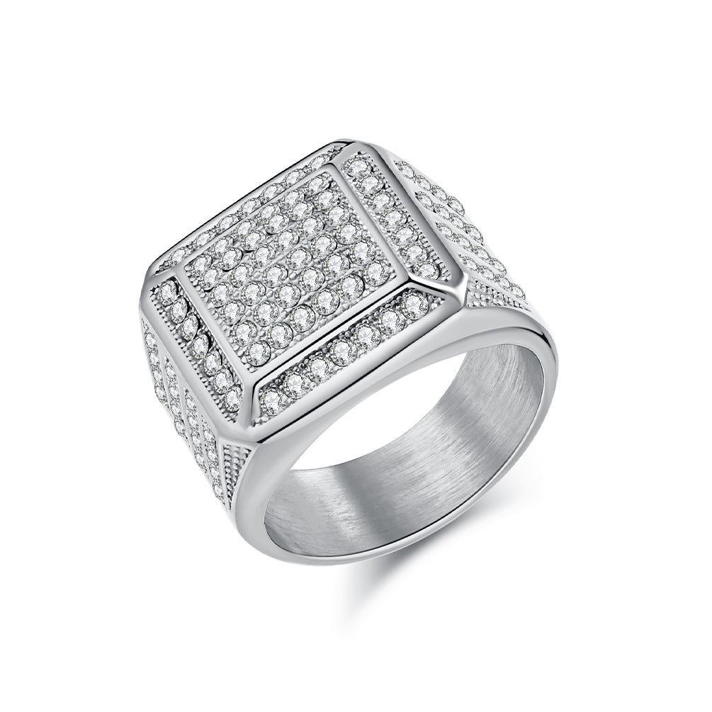 Planderful Everyday Genie Luxe Gold Plated Titanium Steel Ring With Zircon Inlay For Unisex Hip Hop Fashion Size 7 To 13
