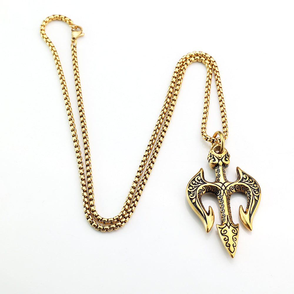 European and American Jewelry Stainless Steel Men's Pendant Retro Aquaman Trident Necklace
