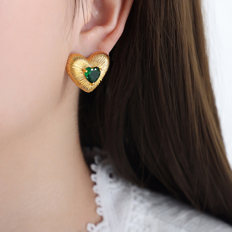 Textured Heart-Shaped Zircon Stud Earrings with French Flair